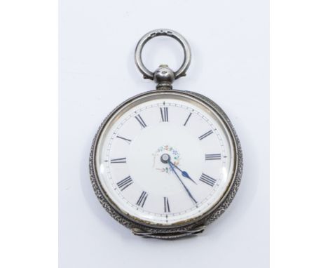 A ladies J.W Benson 935 silver fob watch, with numeral markers, foliate decoration to dial, engraved floral and scroll decora