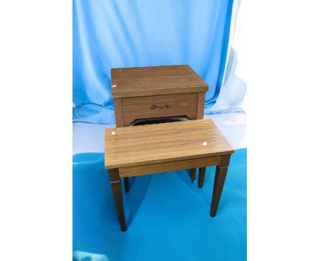 A collection of mid to late contemporary furniture to include teak style record player unit, sewing machine table, sewing sta