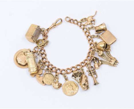 An early 20th century 9ct rose gold charm bracelet, comprising graduated links, widest approx 5mm, swivel clasp, length appro