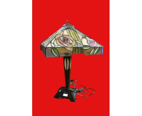 A Tiffany style lamp, cast metal base with glass inserts and large shade decorated with a Mackintosh rose design (untested).