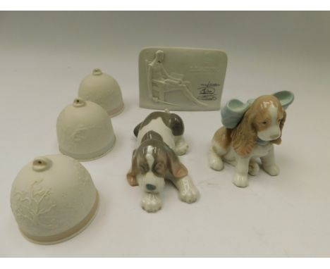 Three Lladro bells collectors society 91/92/95, collectors society signed table top plaque, Lladro puppy and Nao puppy. All i