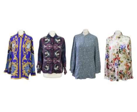 A collection of ladies blouses to include a floral multicoloured River Island, size 18.&nbsp; A cream satin Mondi shirt, size