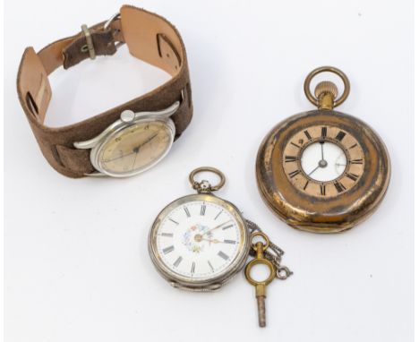 A ladies 830 silver cased pocket watch comprising a white dial with floral decoration, numeral markers, case approx 36mm, wit