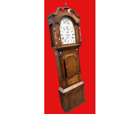 A George III 8 day longcase clock with painted arched dial, Roman numerals, rose decoration, no makers mark, in a wide mahoga
