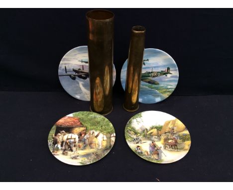 1944 brass shell case from WWII along with a smaller shell case dated 1951 Korean war era, two Coalport plates depicting war 