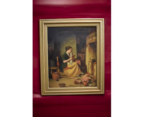 Follower of R. Farrier (19th century), study of a Lady reading, child and man near fireplace, oil on board, crackled / glosse