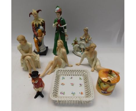 A mixed porcelain lot containing Leonardo German figures, Herend, Royal Doulton, hand painted Coalport pot, three Regal lady 