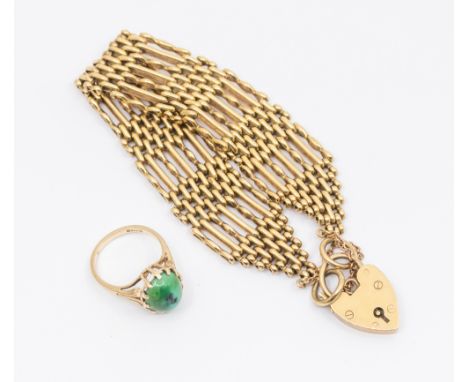 A 9ct gold gate bracelet, width approx 18mm, with padlock clasp and safety chain, length approx 17cm, weight approx 31.9gms, 