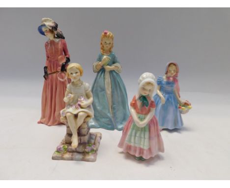 Three Royal Doulton figures to include Wendy HN3109 , Maureen HN1770 & Footless HN1680 , together with Two Royal Worcester fi
