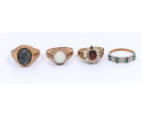 A collection of  9ct gold stone set rings to include an emerald and diamond ring a/f missing stone, size Q, along with a opal
