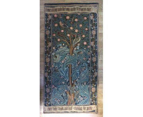 A modern decorative wall hanging tapestry of birds in an orange tree, 48cm x 98cm.
