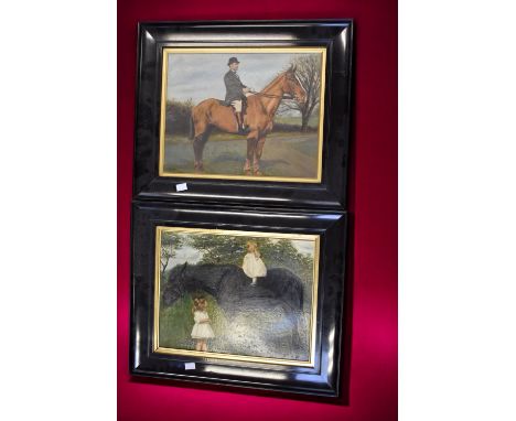 Two over painted early 20th Century photographs of country folk on horses, hunting print and a carved St. Michaels church, Su