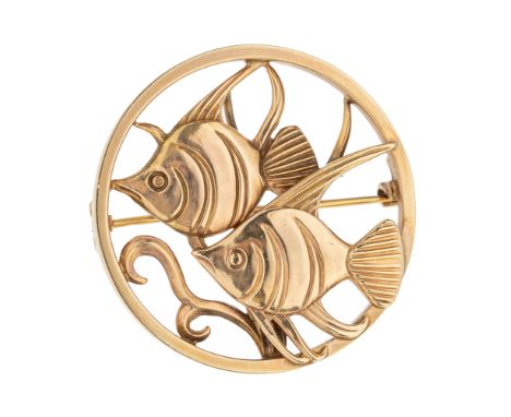Geoffrey G. Bellamy (1922-1997) for George Tarratt Ltd- a 9ct gold brooch/pendant  comprising openwork circular frame inset w