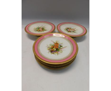 Royal Worcester dinner wares, to include six plates and two comports.&nbsp;highly decorated with flowers, gilt and pink groun