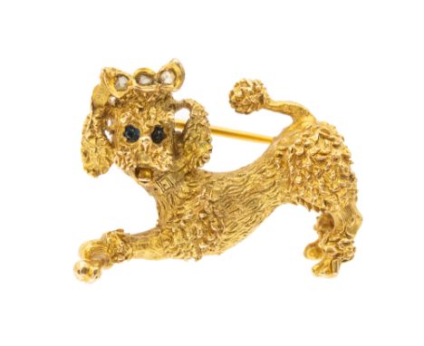 A novelty vintage stone set gold brooch, modeled as a poodle, sapphire set eyes and rose cut diamond set bow, length approx 3