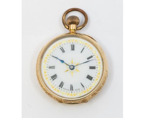 An 14ct ladies fob watch, comprising a white enamel dial with numeral markers, gilt decoration to dial, scroll and foliate de