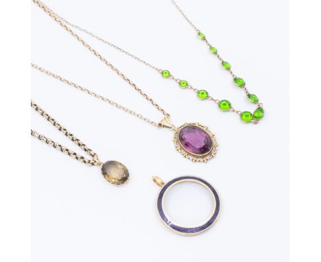 A collection of early 20th century and later 9ct gold jewellery to include a citrine oval pendant, stamped 9ct, suspended fro