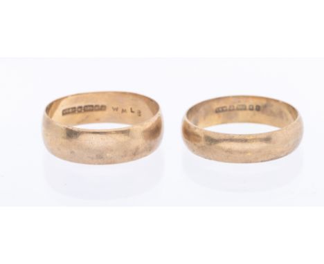 A collection of rings to include two 9ct gold bands, widths approx 5 and 7mm, sizes X and Y, combined weight approx 9.3gms  F