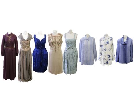 A collection of dresses and blouses to include a burgundy dress from the mid 60s, fully lined , nylon zip and decorative stud