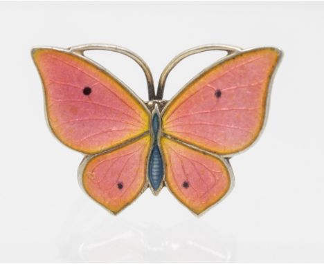Marius Hammer- a silver and enamel butterfly brooch, with pink peach enamel wings with blue body, length approx 22mm, marked 