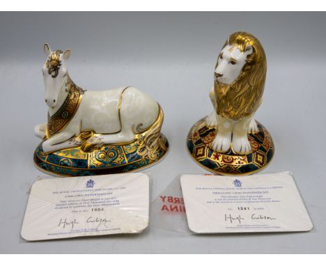 2 Royal Crown Derby paperweights to include a Limited Edition Heraldic Lion and a Limited Edition Unicorn , both in good cond