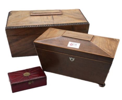 Two restored 19th century sarcophagus-shaped tea caddies, both with internal divisions (smaller one is missing centre) and on