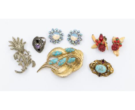 A small collection of vintage costume jewellery, including paste set earrings and brooches, silver stone set dress ring   Fur