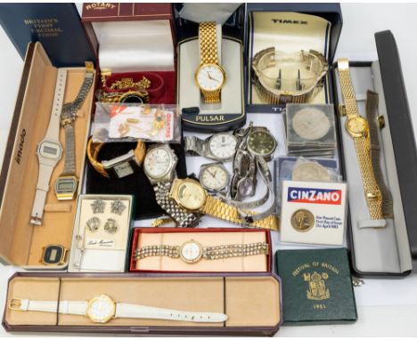 A collection of various ladies and gents wristwatches including a cased gents Pulsar, Rotary, Casio, Seiko, Timex, Citron, Ad