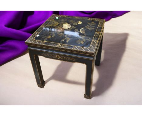 A Chinese lacquered side table, ornate&nbsp; Indian/North African jardiniere stand and a 19th Century inlaid round tripod tab