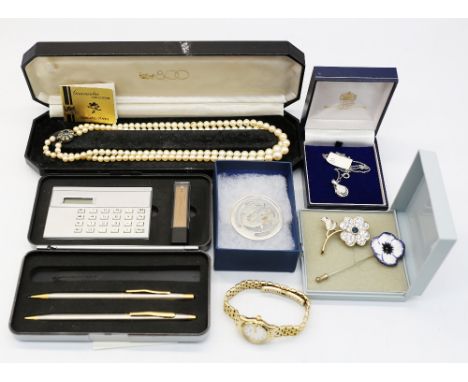 A collection of jewellery to include a faux pearl necklace, silver and opal pendant on plated chain, ladies gold plated Rotar
