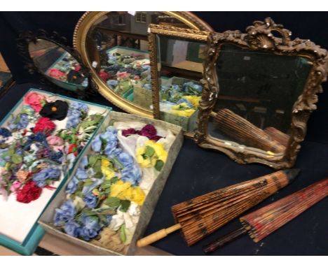 Early to mid 20th Century wall mirrors, gilt oval mirror, mid 20th Century flowers and two Chinese parasols.