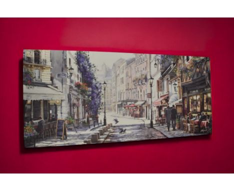A large glazed print of Central Park Hotel, lady lounging print, wall mirror and a continental canvas print.