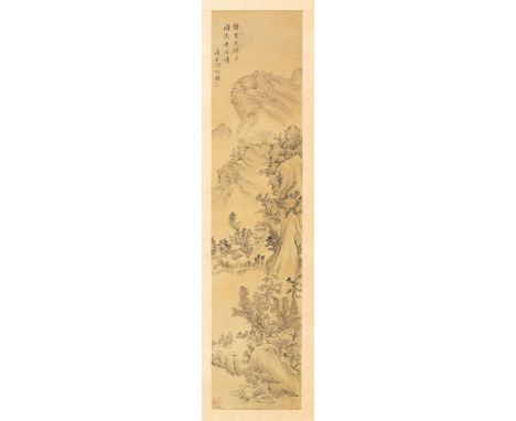 An early 20th Century Chinese republic hand painted scene on silk, signed by artist, pasted to scroll, picture size 84cm x 19
