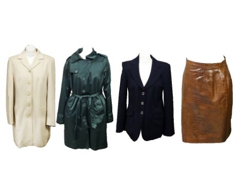 A navy Armani jacket, made in Italy, with kick-pleat at the back, two pockets, size 46; a cream three-quarter length Laurel j