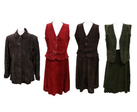 A collection of suede items to include: a mid-brown suede jacket by Aziz, large size, fully lined, 1980s, stitched front pane