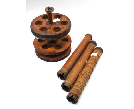 19th Century two tier bobbin stand along with three bobbin reels.