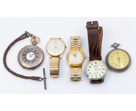 A collection of watches to include a silver cased Zenith half hunter pocket watch, (winds working) a plated open faced stop w