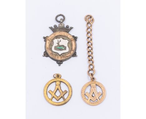 Two 9ct gold Masonic medallions compas and square motif, one with attached part 9ct gold chain, combined weight approx 4.8gms
