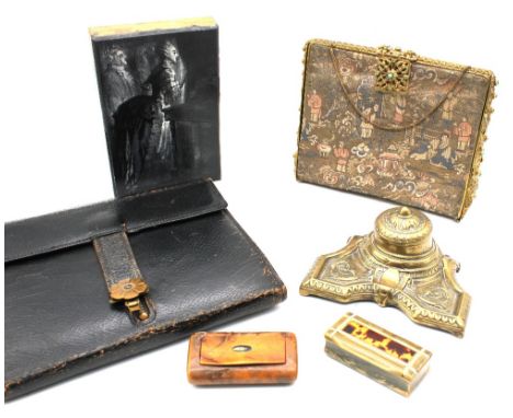 A mixed lot to include; two 19th century snuff boxes, one horn with faux tortoiseshell and bone inlay, other with mother of p