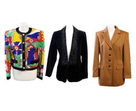A collection of three jackets by Escada: a black smoking-type jacket with long lapels in velvet with embossed design, size 14