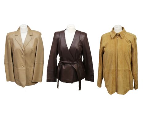 A collection of jackets comprising: an Escada Sport honey suede jacket with Peter Pan collar, zip fastening, zip cuffs, slip 