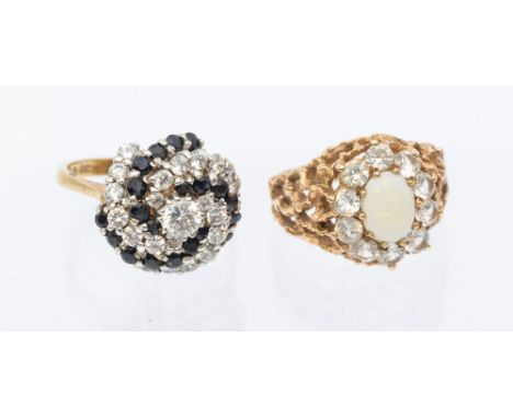 A sapphire and cz cluster ring, comprising a domed top, width approx 15mm, size Q, along with an opal and quartz set 9ct gold