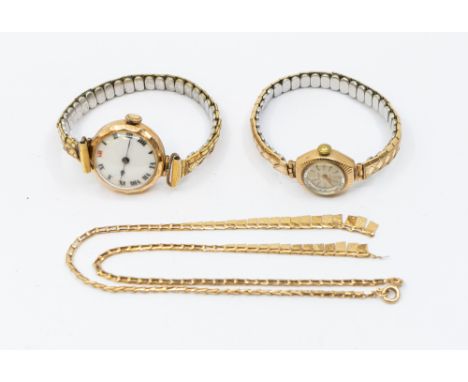 An early 20th century 9ct gold cased wristwatch with white enamel dial, case approx 24mm, on a later plated expander strap, (