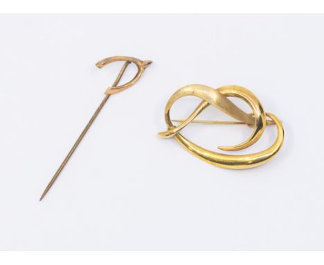 A 9ct yellow gold modernist brooch, length approx 35mm, weight approx 3gms, along with a 9ct yellow gold wishbone stick pin w