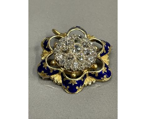 ANTIQUE DIAMOND CLUSTER BROOCH FITTING WITH PENDANT LOOP SURROUNDED BY BLUE ENAMEL 18G