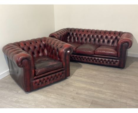 CHESTERFIELD 3 SEATER SOFA AND A CHAIR OX BLOOD RED