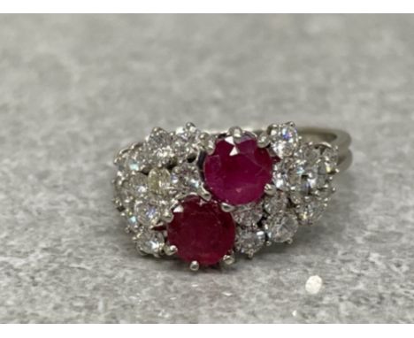 18CT WHITE GOLD RUBY DIAMOND CLUSTER RING 5.9G SIZE P