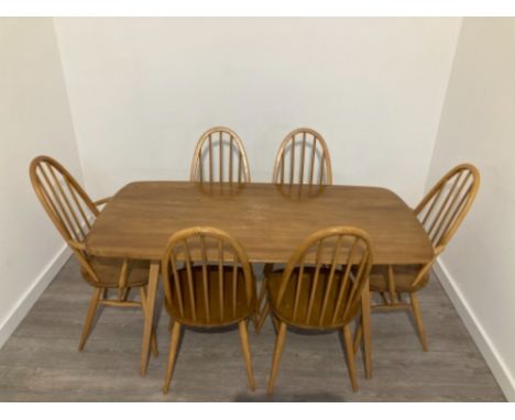 RETRO ORIGINAL ERCOL DINING ROOM SUITE TABLE AND 6 QUAKER CARVERS 150CM BY 74CM BY 71CM