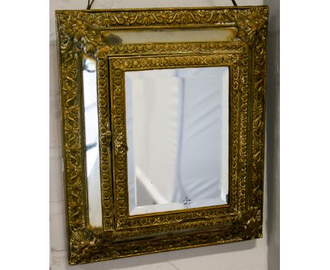 Dutch style brass framed mirror / cabinet, hinged door with a bevelled plate, mirrored surround, 45cm x 35cm.