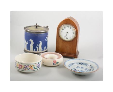 Edwardian mahogany mantle clock, lancet case, (a.f.), Poole pottery dishes, Jasperware lidded pot, and other china, and a war